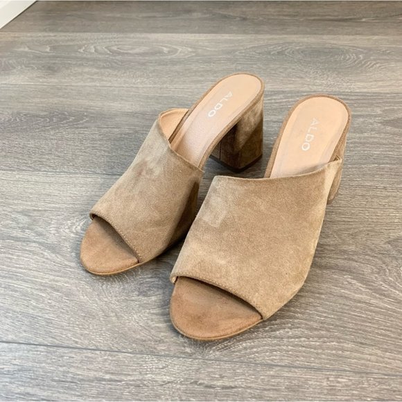 Aldo Suede Aldosina Block Heel Open Toe Mules Tan Size 7.5 - Picture 3 of 16